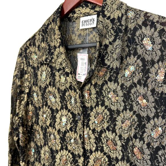 NEW NWT Chicos Design Size 2 Large Gold Black Sequin Blouse Shirt Top Formal - Picture 5 of 9